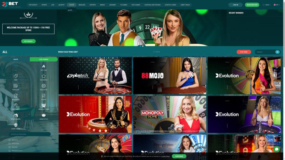 22Bet — casino lobby and game selection