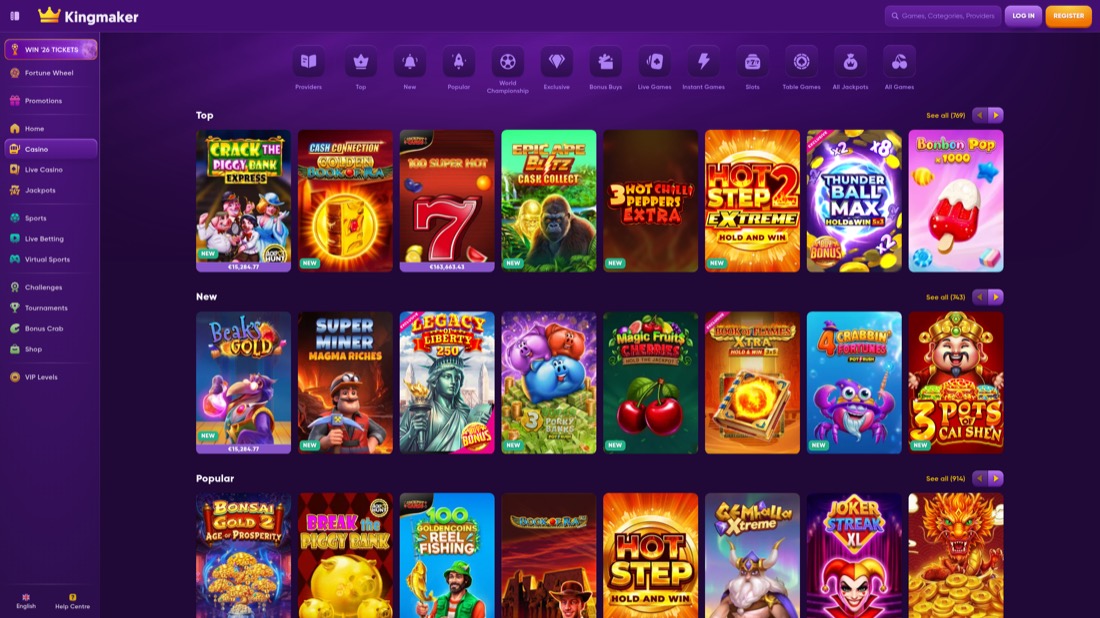 Kingmaker — casino lobby and game selection